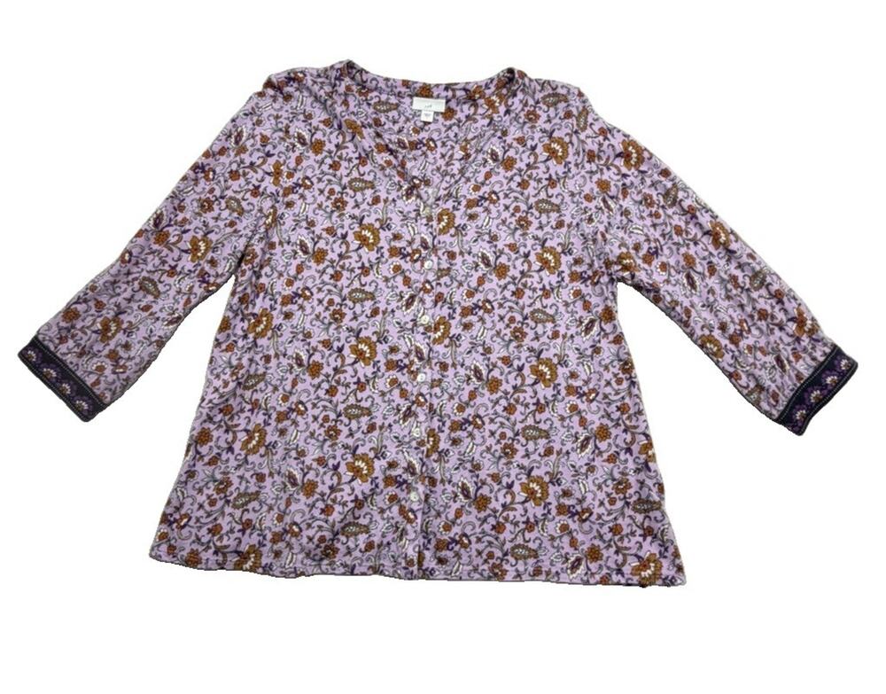 J.Jill Purple Floral Border Print Button Front Top Cotton Tencel 3/4 Sleeve
